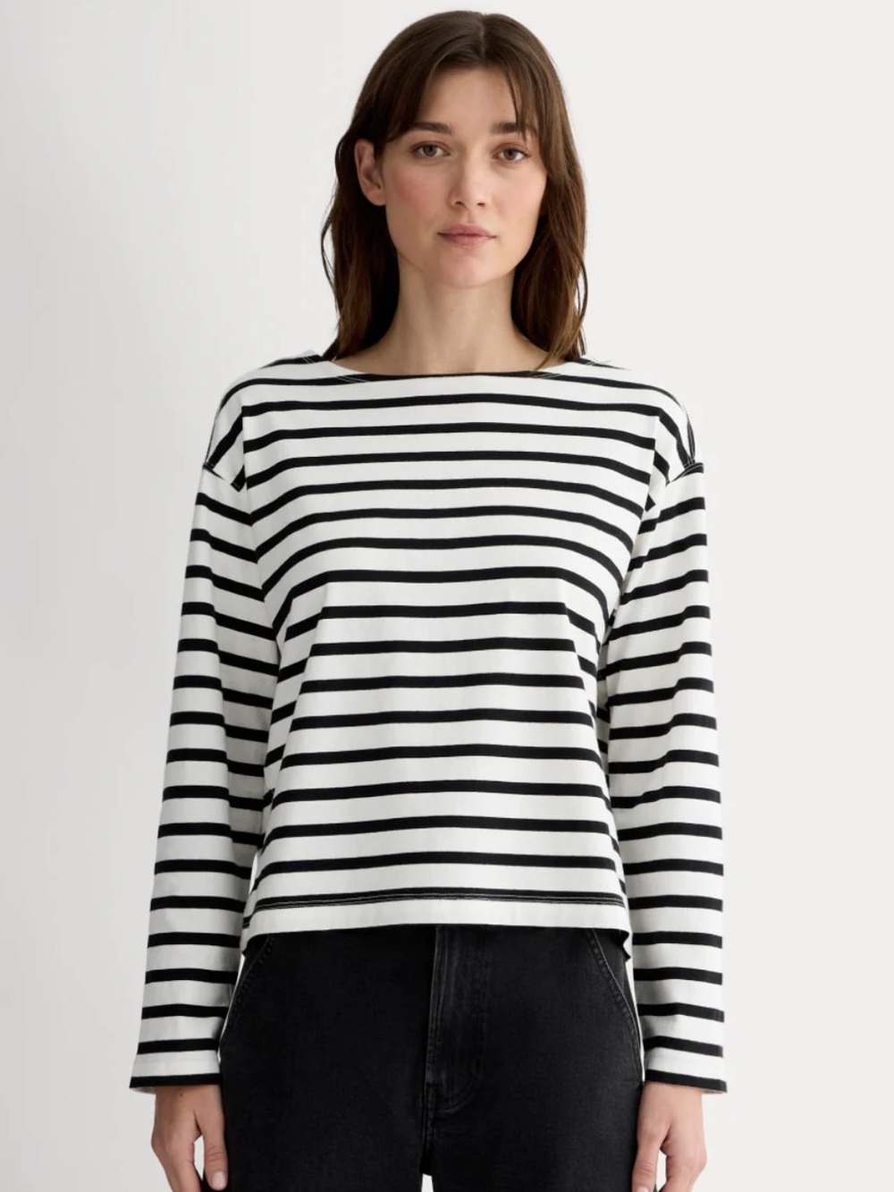 Everlane The Mariner Tee Black & White Nautical Stripe Boatneck Long SlvTop XL